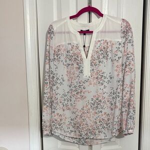 NYDJ White Blouse with Pink and Gray Floral Design